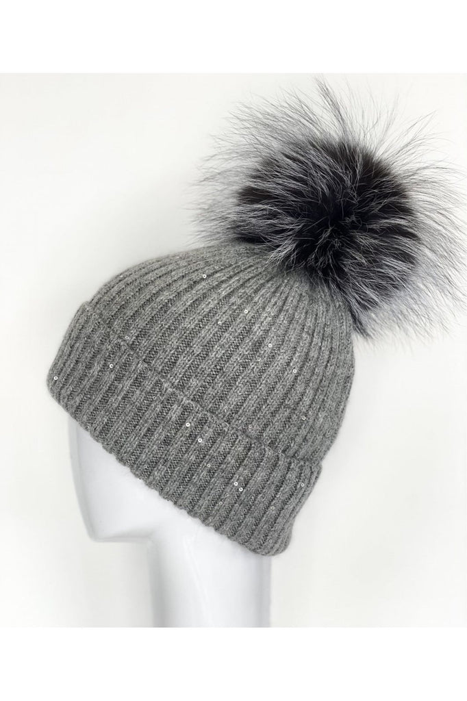 Linda Richards Wool Pom-pom Hat With Sequins HA-62SEQ | Dove Grey