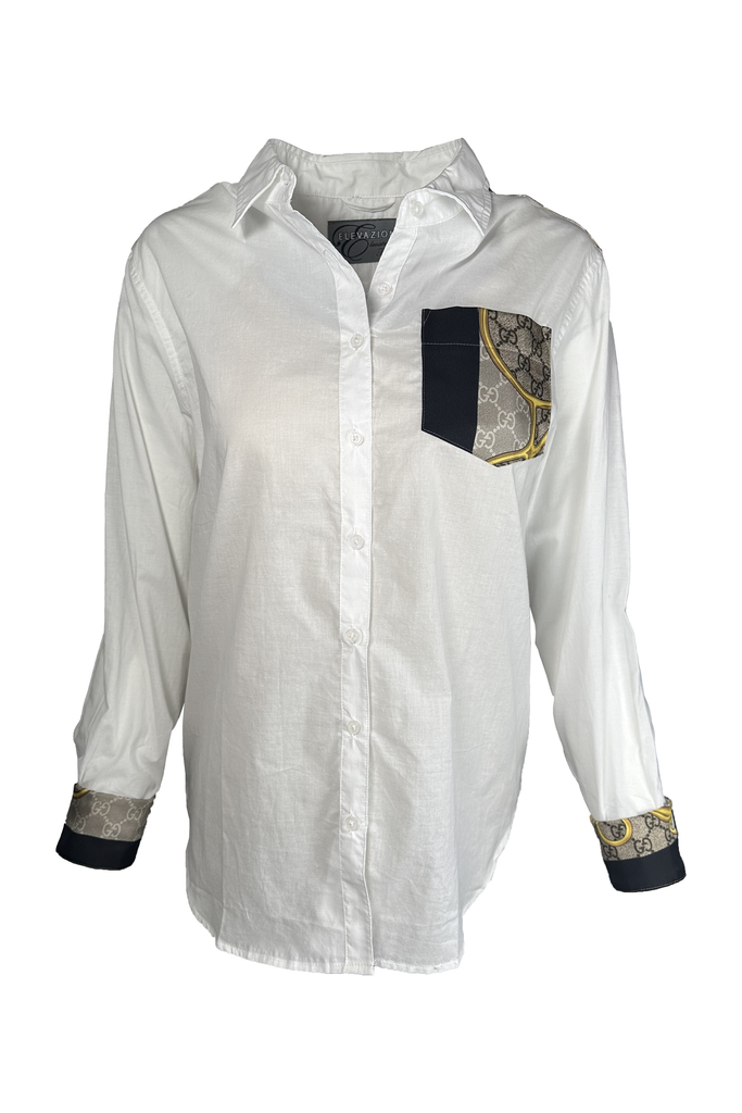 Elevazione One Of A Kind Designer Scarf Button Front Shirt | White/Gucci