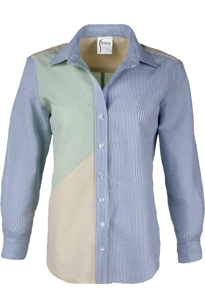 Finley Shirts Topanga Striped Seersucker Colorblock Top 3495053S| Green/Yellow/Blue 362