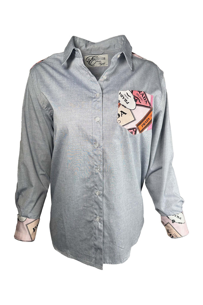 Elevazione One Of A Kind Designer Scarf Button Front Shirt | Chambray/Prada