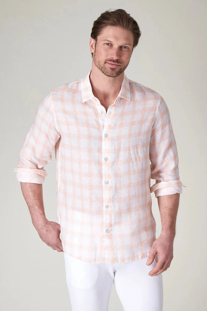 Raffi Long Sleeve Printed Plaid Linen Button Front Shirt QP12870 | Tangerine