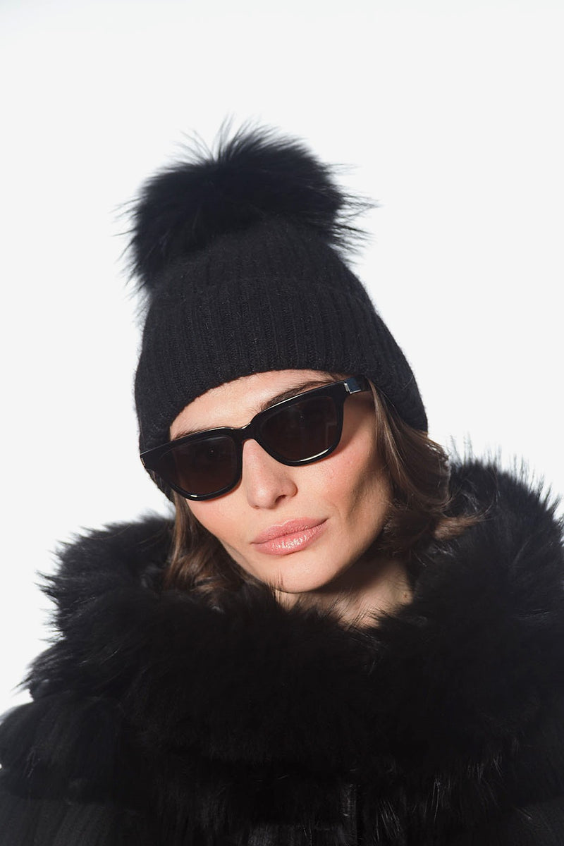 Linda Richards Wool Pom-pom Hat HA-62 | Black | Shop Fur Pom-pom