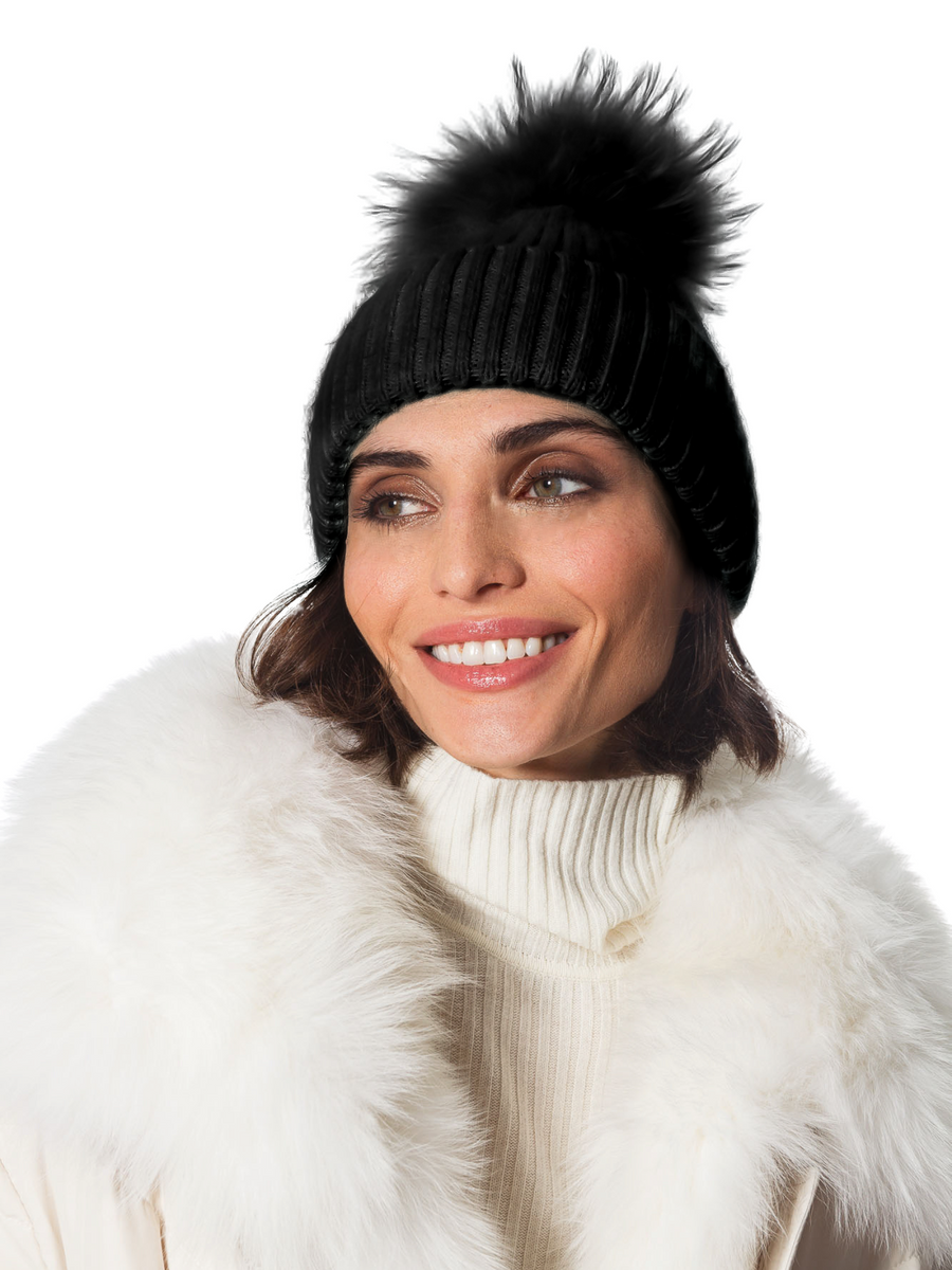NEW Linda Richards New York Knit Stripe cashmere blend genuine fur Pom-pom Hat. Linda Richards | HA-65 Nordic Inspo Hat Tan | I Am More main image 4