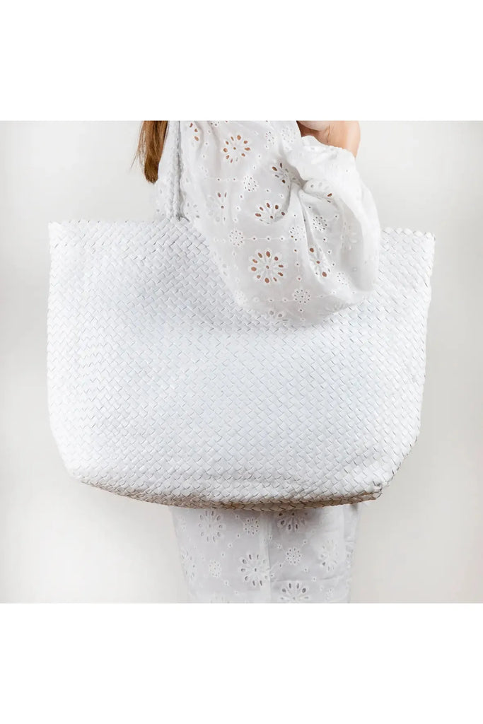 Allan K Habiba Dama Leather Woven Shopper Bag | White