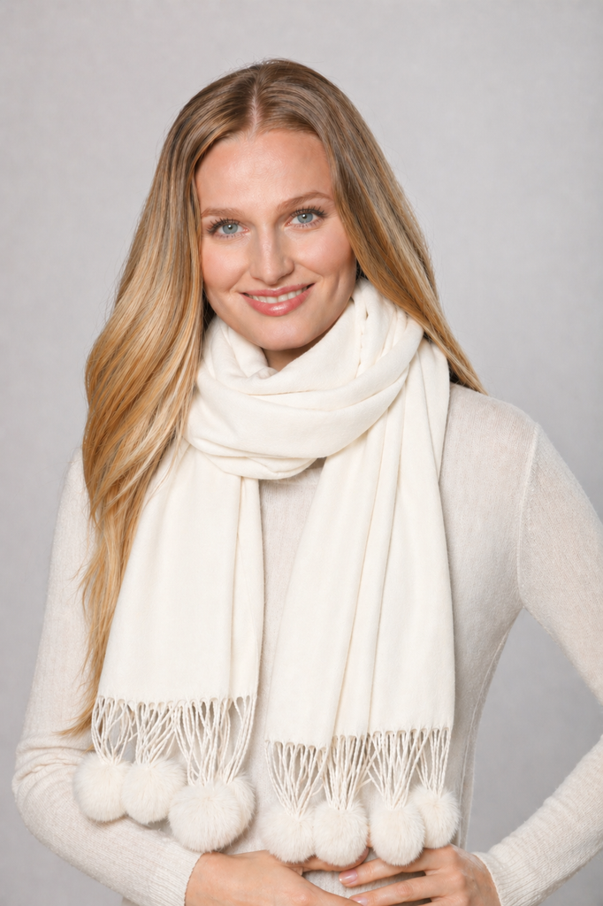 Linda Richards Cashmere Blend Wrap 8014 White | Rex Rabbit Fur Pom