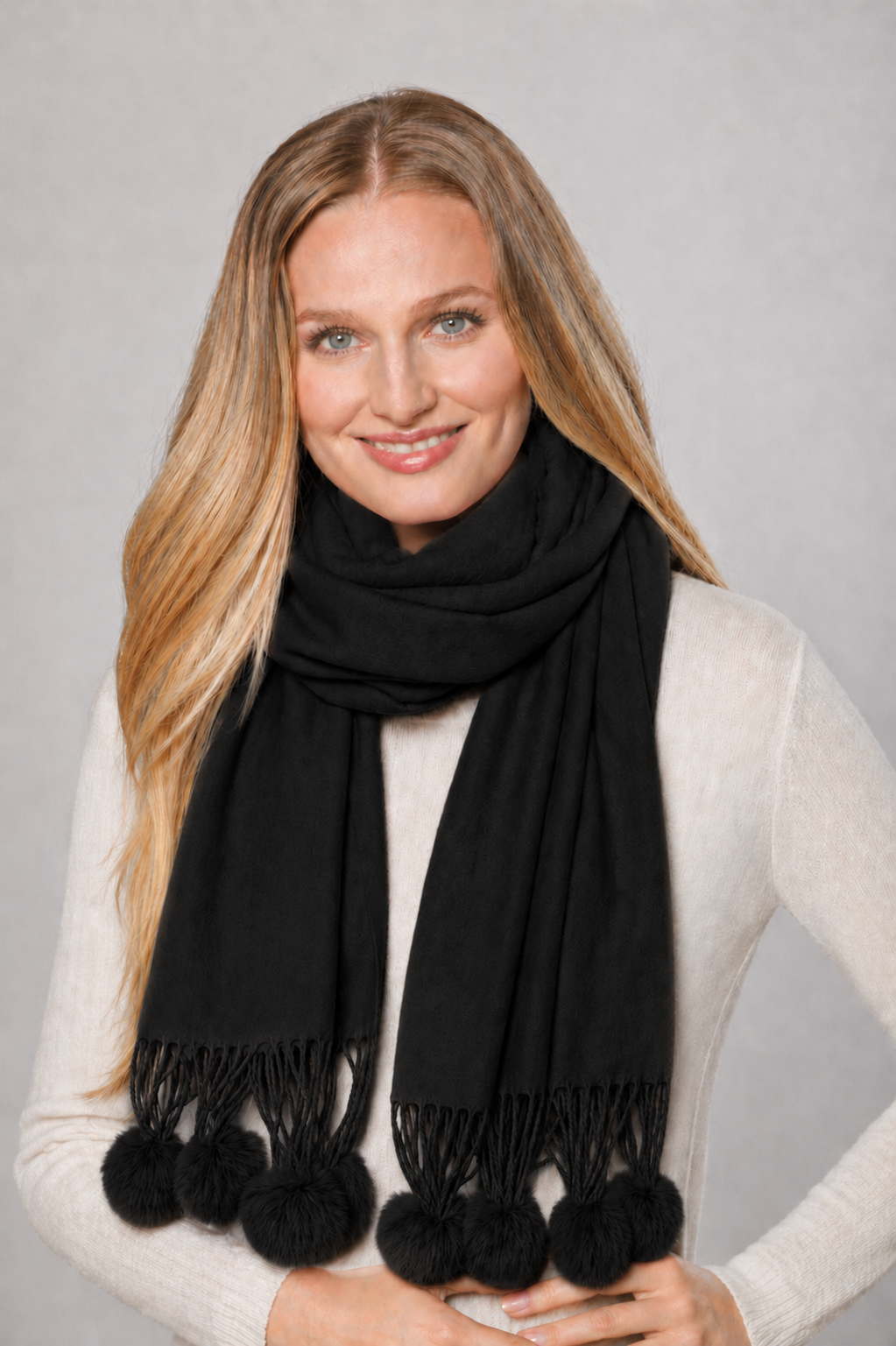 Linda Richards Cashmere Blend Wrap 8014 Brown | Rex Rabbit Fur Pom