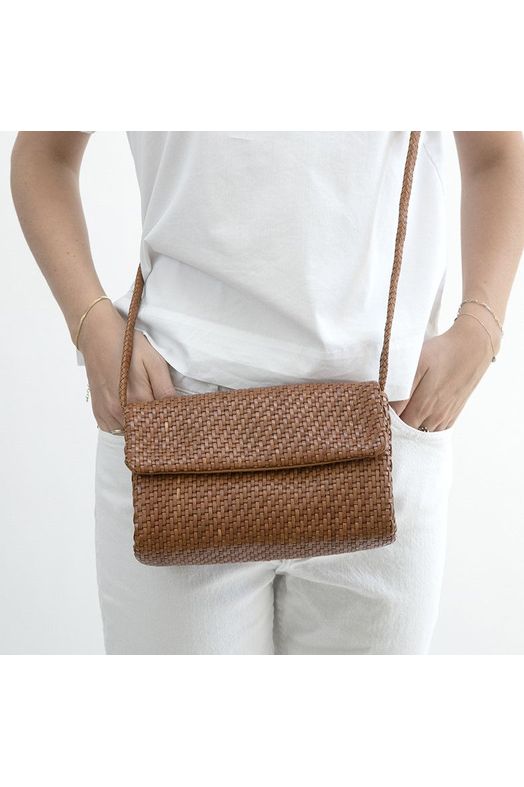 Allan K Caroline Toledo Leather Crossbody Bag- Bamboo Weave  | Cognac