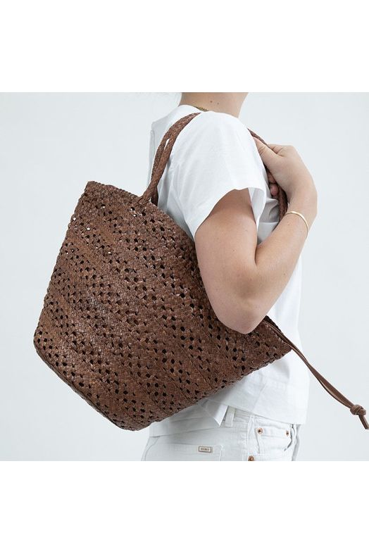 Allan K Savannah Toledo Leather Bucket Bag- Belt Weave  | Brown