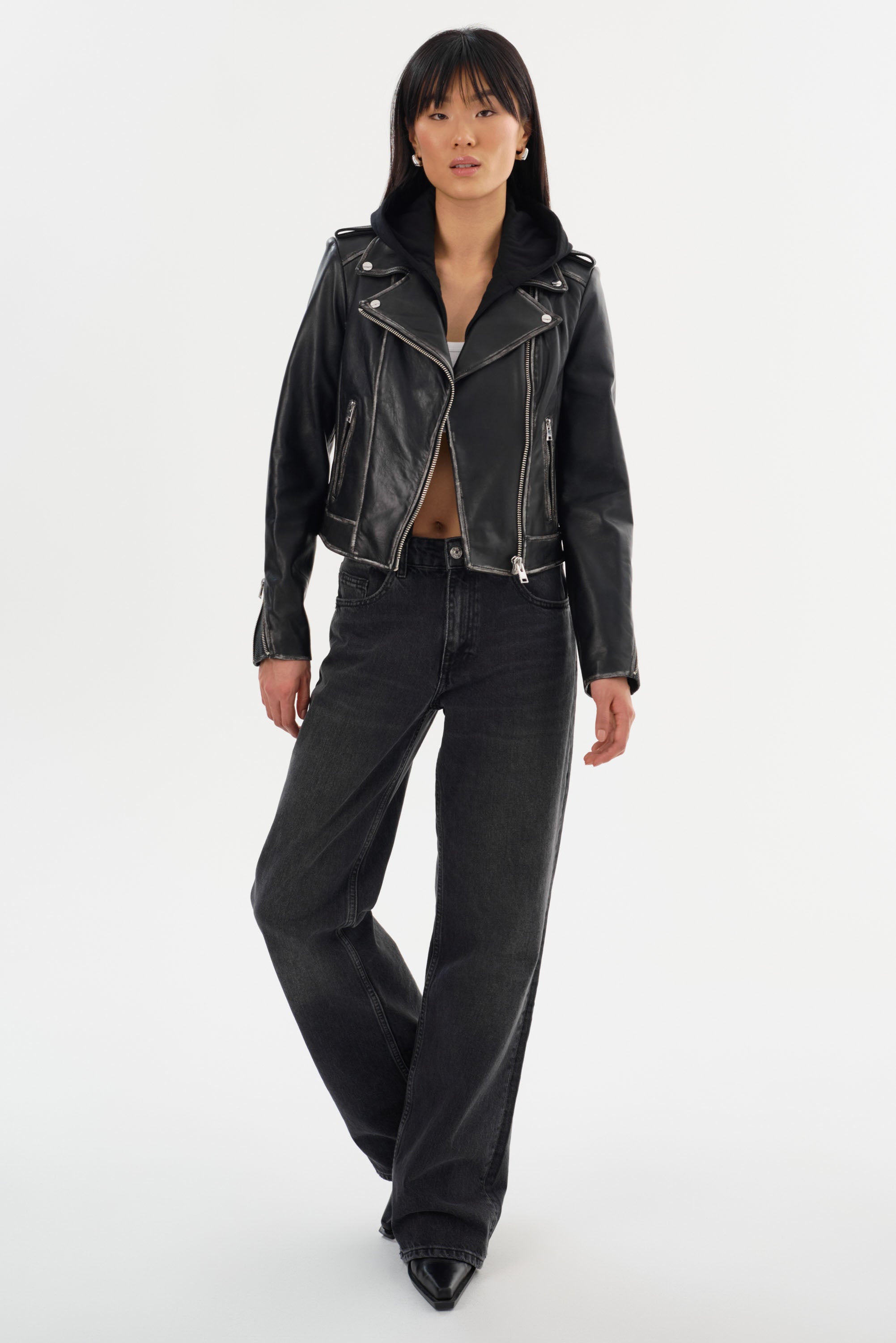 Lamarque Holy Leather Biker Jacket with Removable Hood Distressed Black Sale Buy Now No Returns