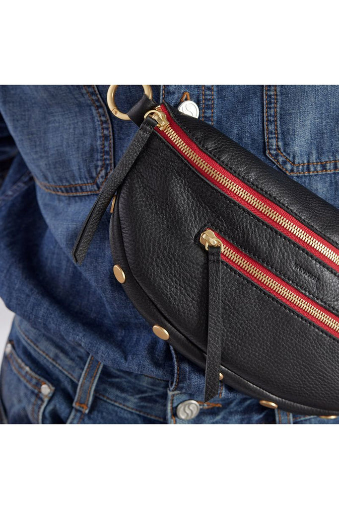 Hammitt Charles Medium Belt Bag 17330 | Black/Brushed Gold Red Zip