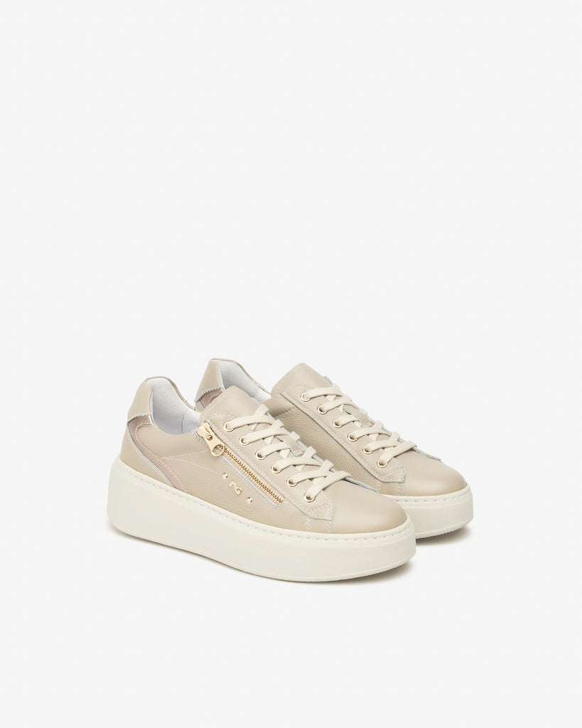 NeroGiardini Leather Zipper Platform Sneakers I514212D412 | Beige