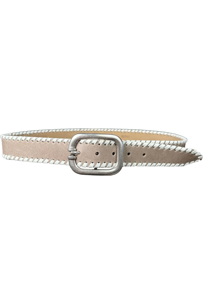 Streets Ahead Roxanne-X Whip Stitch Leather Jean Belt 32391X | Taupe/White/Silver Buckle