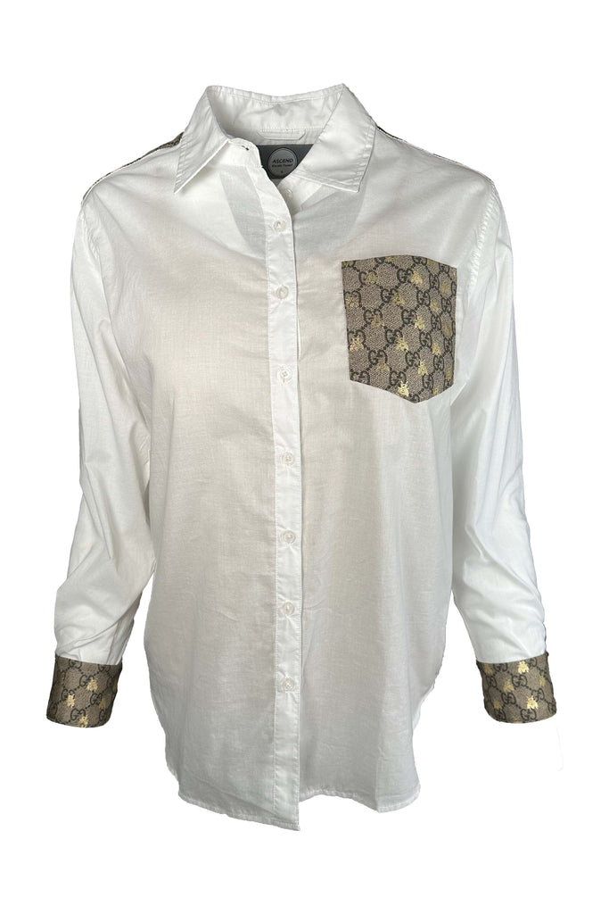 Ascend One Of A Kind Designer Scarf Button Front Shirt | White/Gucci