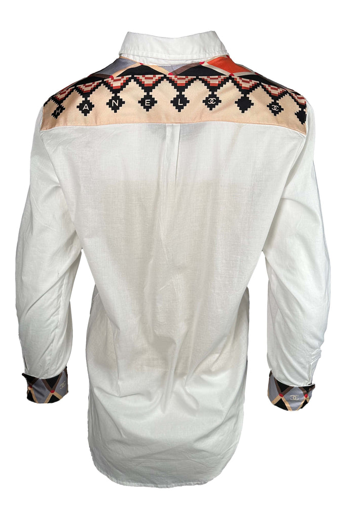 zAscend One Of A Kind Designer Scarf Button Front Shirt | White/Chanel