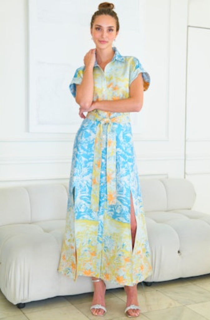 Long Chantal Shirt Dress Turquoise/Yellow Wedding Guest Jacquard
