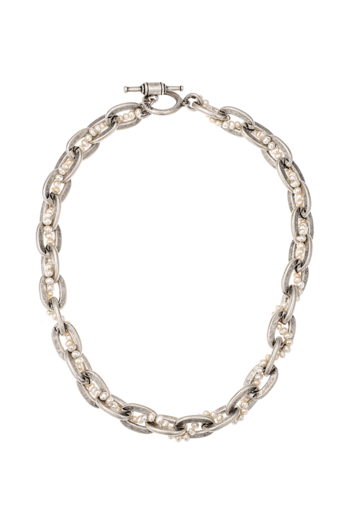 French Kande Necklace | Silver Lourdes Chain With Woven Micro Pearls MS2073-Z-S