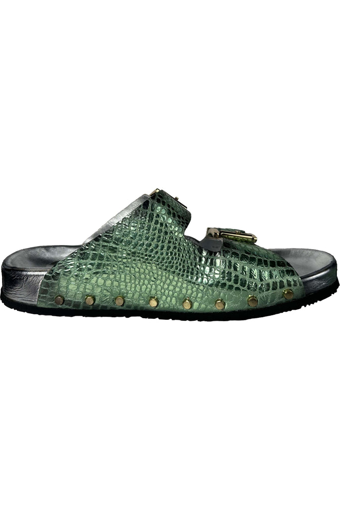 Jo Ghost Beverly Studded Python Double Band Slide 5096BIS | Green