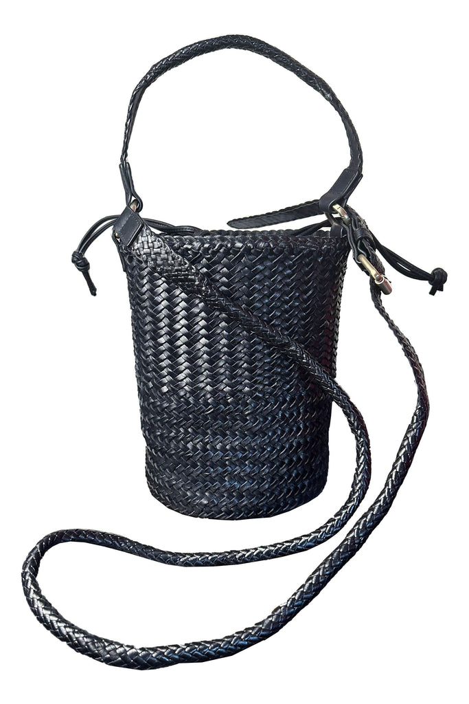 Allan K Pomelo Double Jump Leather Woven Bucket Bag | Black