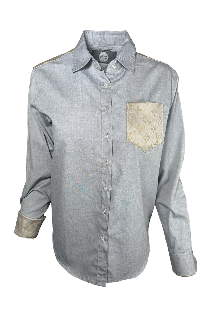 Ascend One Of A Kind Designer Scarf Button Front Shirt | Chambray/Louis Vuitton