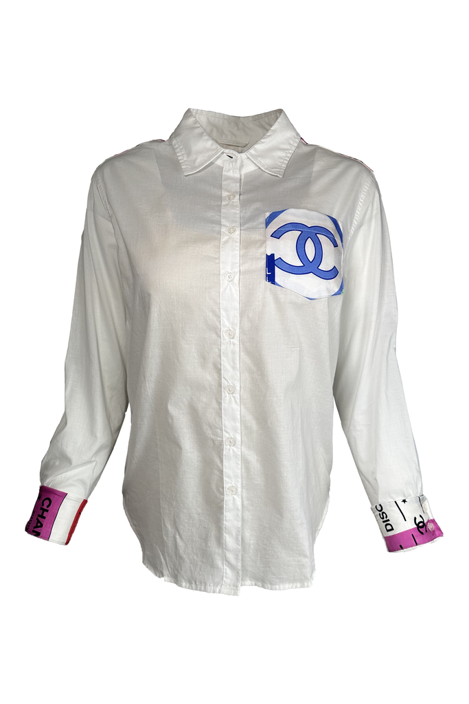 Elevazione One Of A Kind Designer Scarf Button Front Shirt | White/Chanel