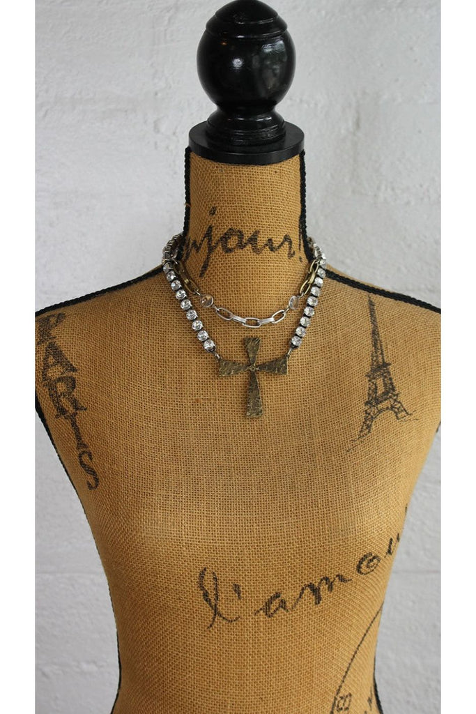 French Kande Necklace | Double Strand Lyon Chain and Austrian Crystal with French Cross