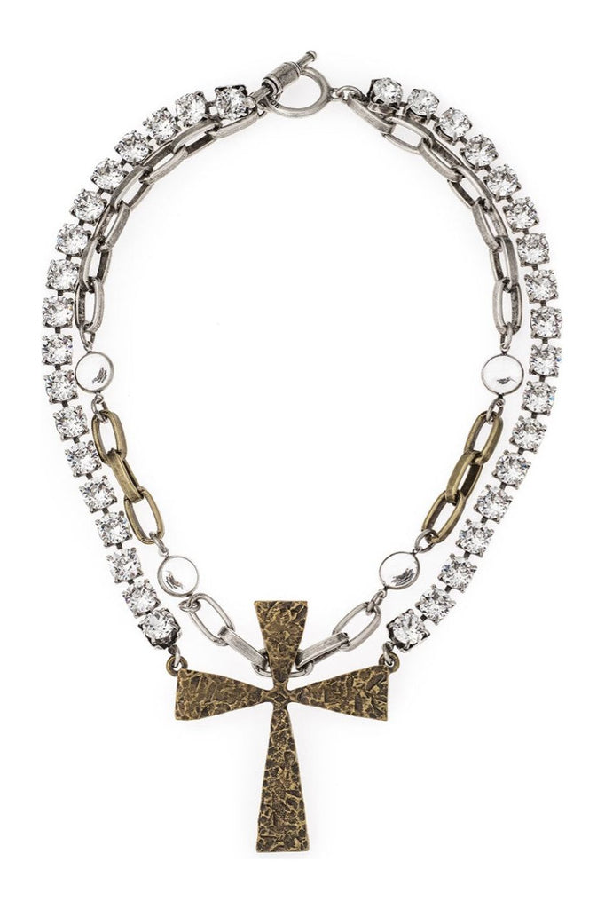 French Kande Necklace | Double Strand Lyon Chain and Austrian Crystal with French Cross