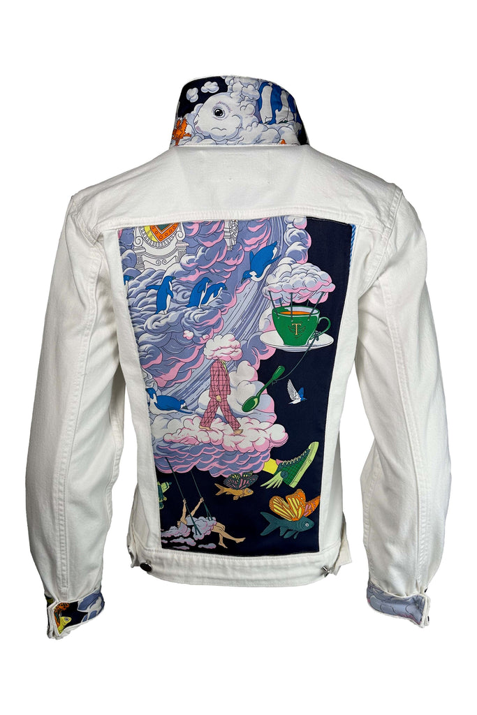 Elevazione One Of A Kind Designer Scarf Jean Jacket | White Fringe/Hermès -Dolphin