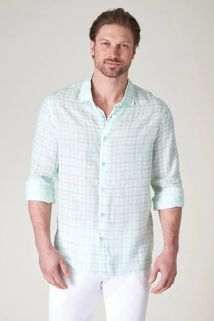 Raffi Long Sleeve Printed Two Color Plaid Linen Button Front Shirt QP12890 | Atlantic