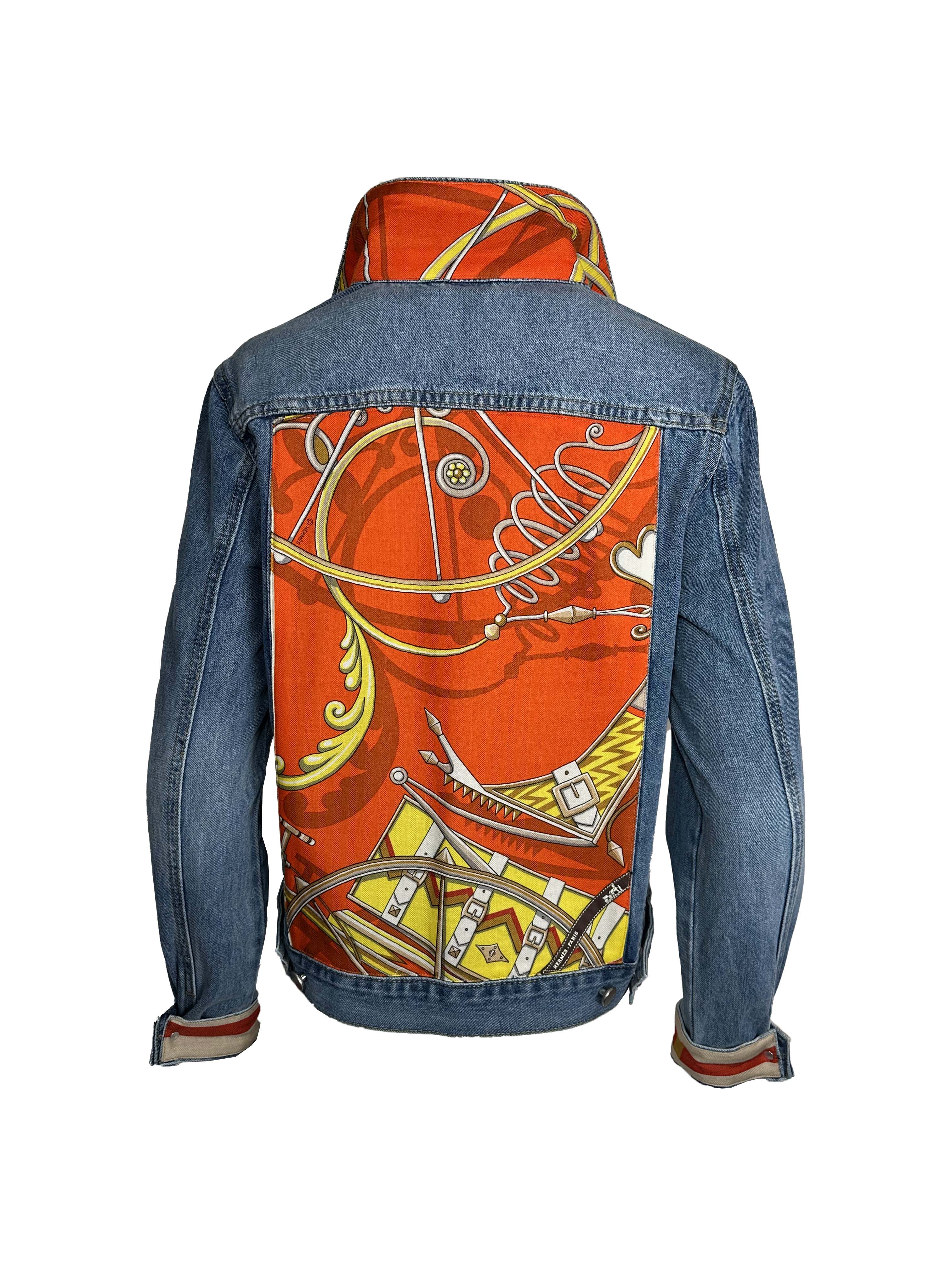 One Of A Kind Designer Scarf Jean Jacket | Denim/Hermès - Orange