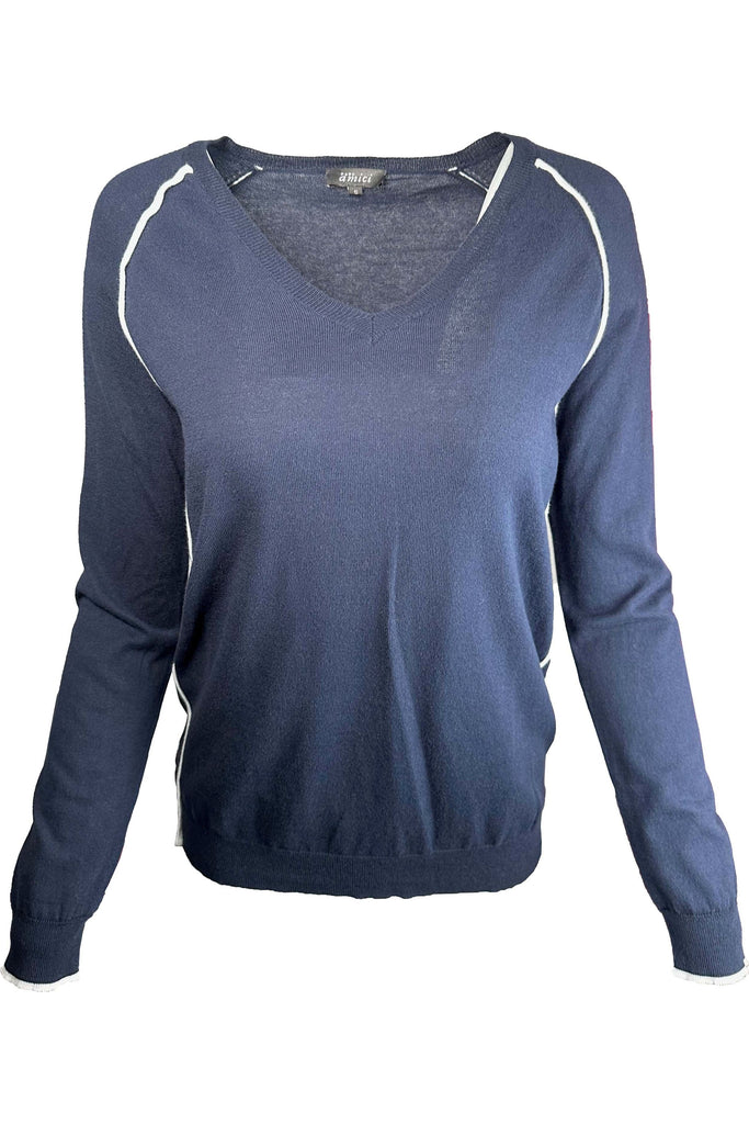 Pure Amici V Neck with White Trim Knit Top CT376 | Navy