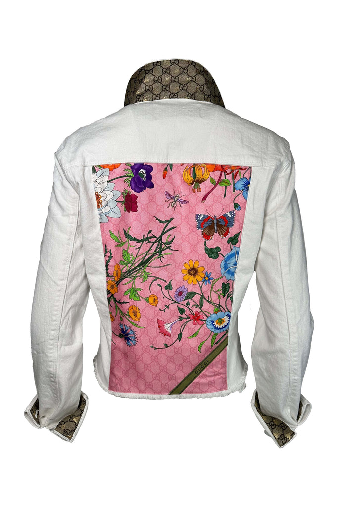 Elevazione One Of A Kind Designer Scarf Jean Jacket | White Fringe/Gucci -Pink Beauty