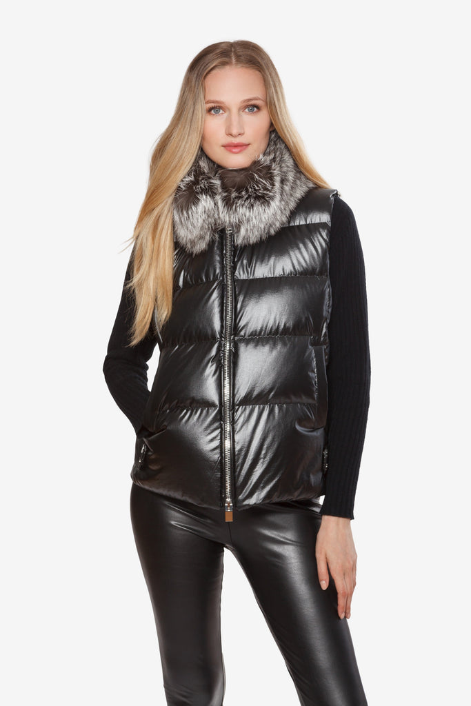Linda Richards Genuine Silver Fox Down Vest 9086 | Black