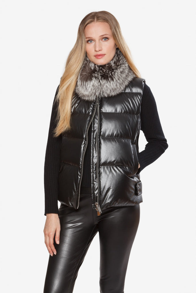 Linda Richards Genuine Silver Fox Down Vest 9086 | Black