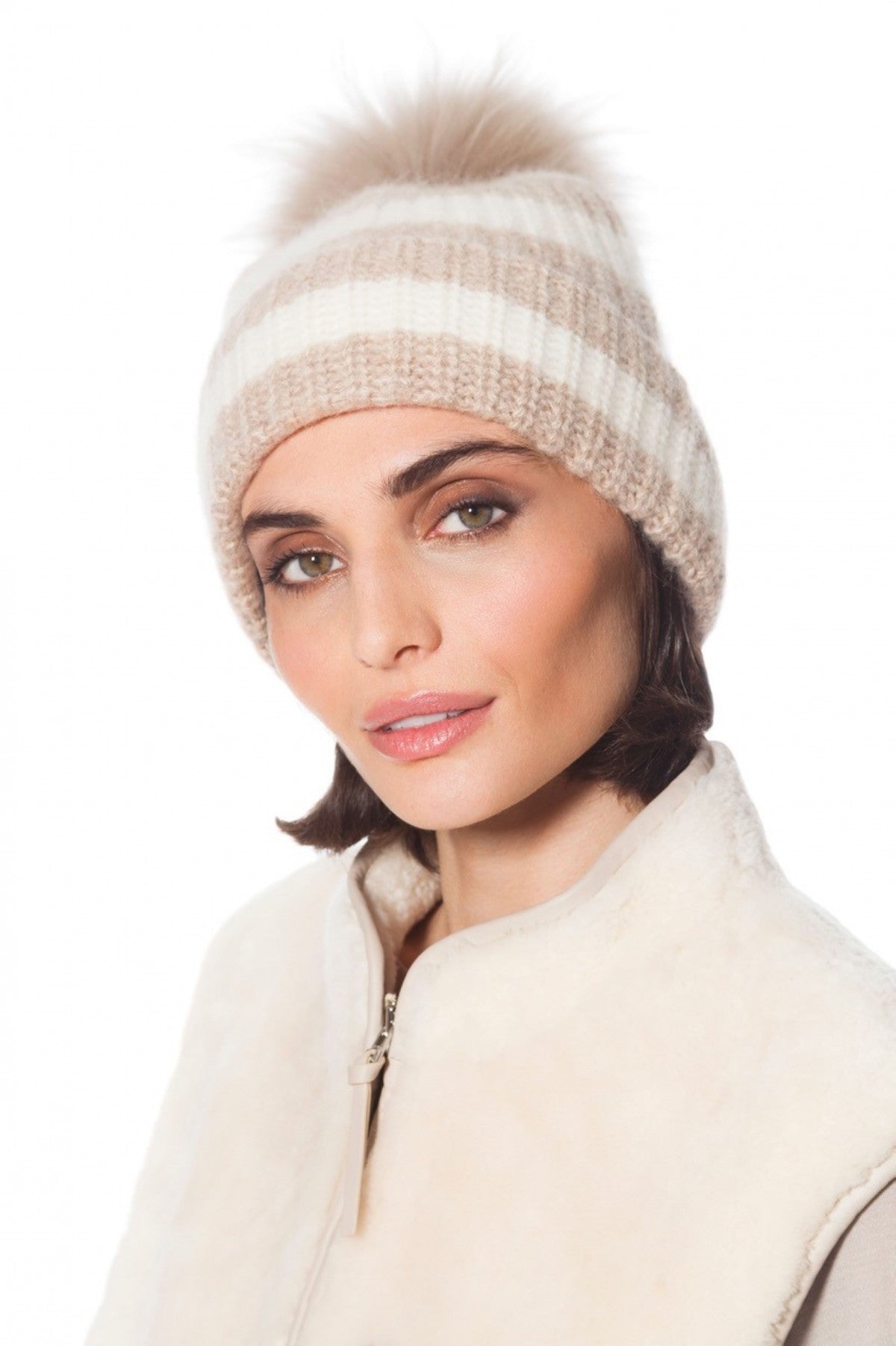 NEW LINDA RICHARDS women\'s ski hat in taupe Linda Richards Wool Pom-pom Hat With Sequins HA-62SEQ | Dove  main image 3