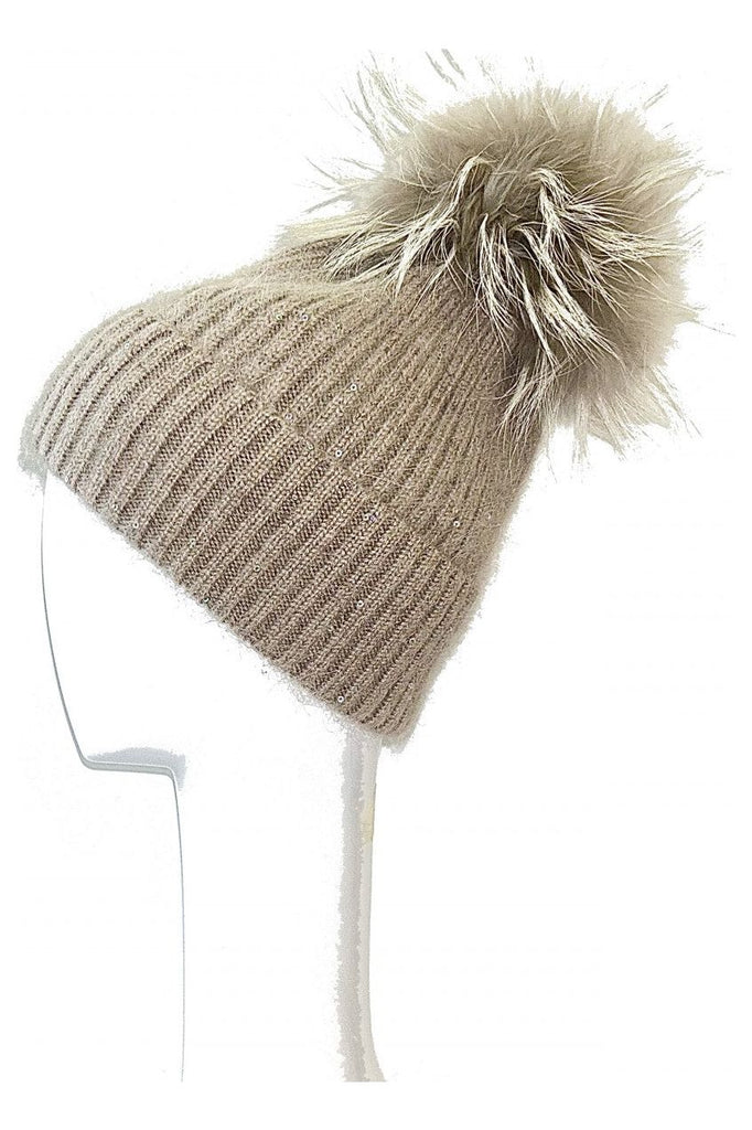Linda Richards Wool Pom-pom Hat With Sequins HA-62SEQ | Taupe