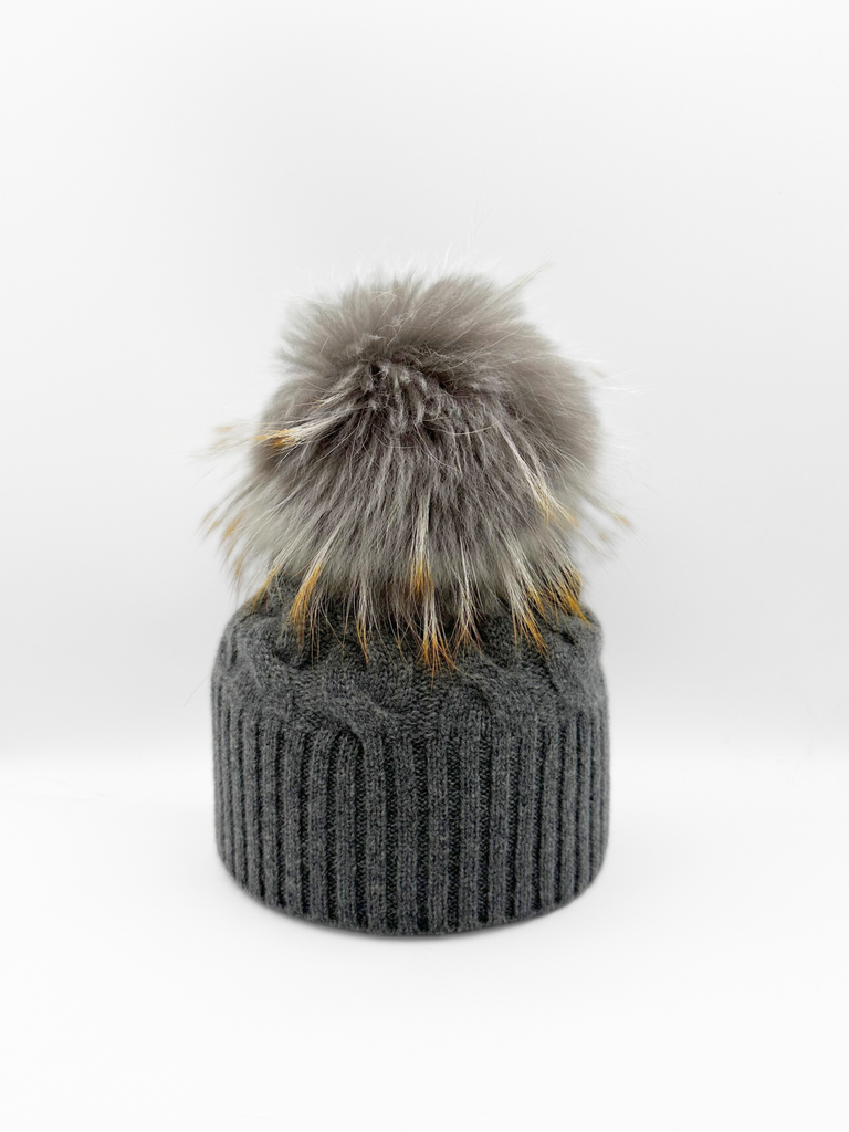 Linda Richards Cashmere Single Knit Cable Pom-pom Hat HA-95 | Charcoal