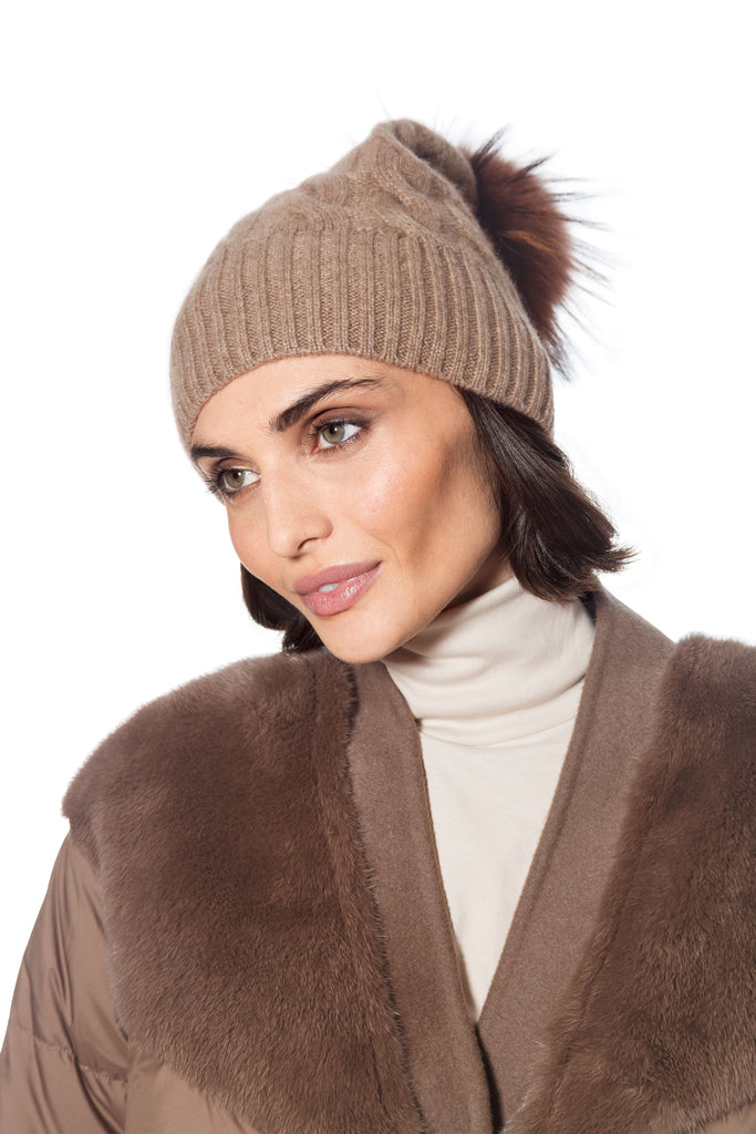 Linda Richards Double Cashmere Slouch Fur Pom-pom Hat HA-96 | Brown