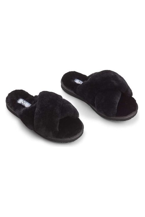 Natures Collection Criss Cross Sheepskin Slippers NCF1049| Black