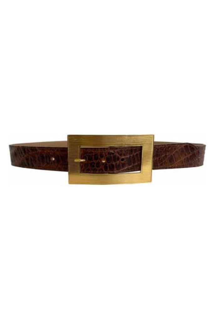 Streets Ahead 1.5 inch Croc Embossed Leather Belt 42162 | Chocolate Leather / Gold Buckle