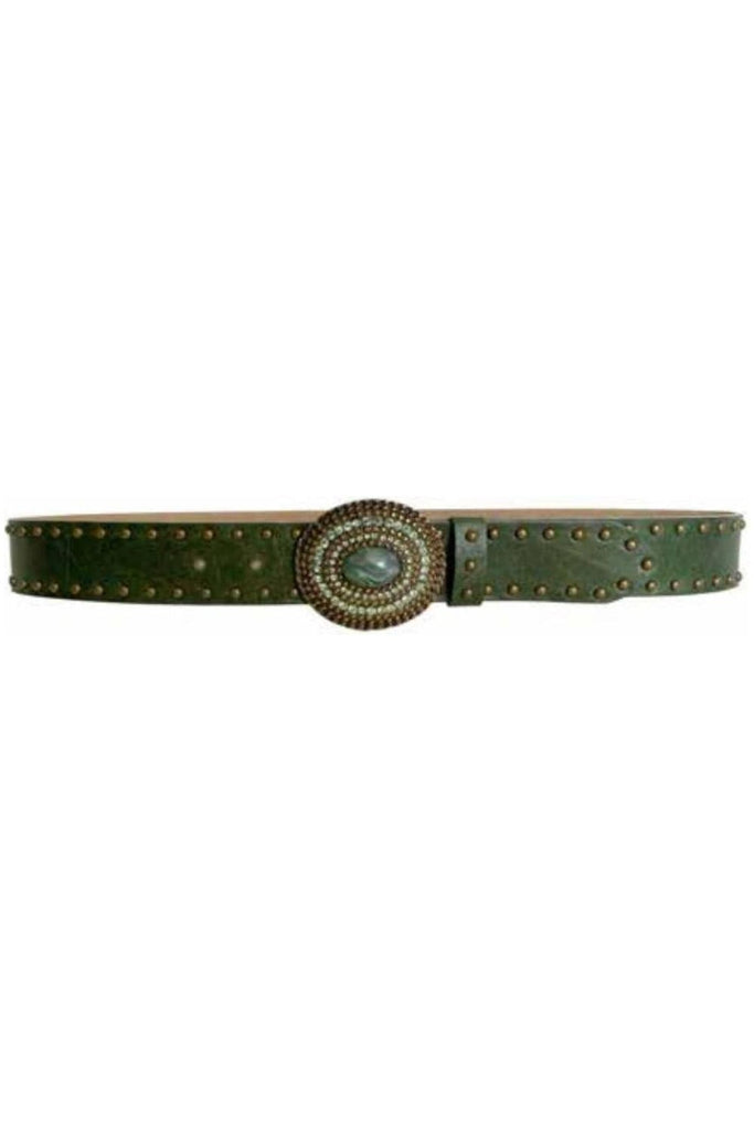 Streets Ahead 1.5 inch Embellished Leather Belt 42170 | Olive Leather/Brass Buckle Crystals and Turquoise