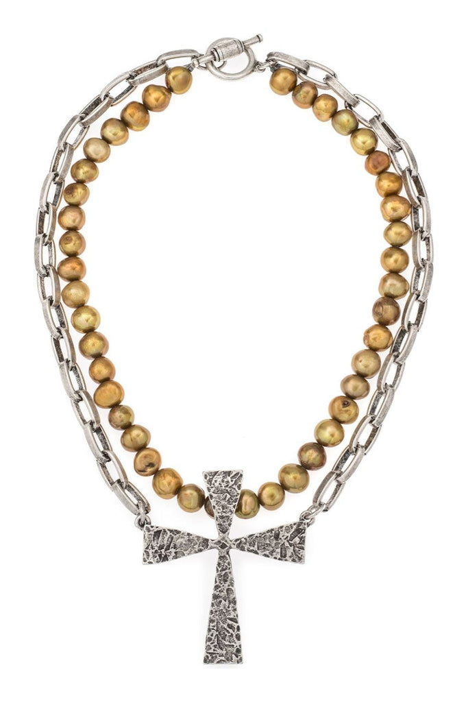 French Kande Necklace | Baroque Pearls With Lyon Chain And French Cross CT-2033-Z