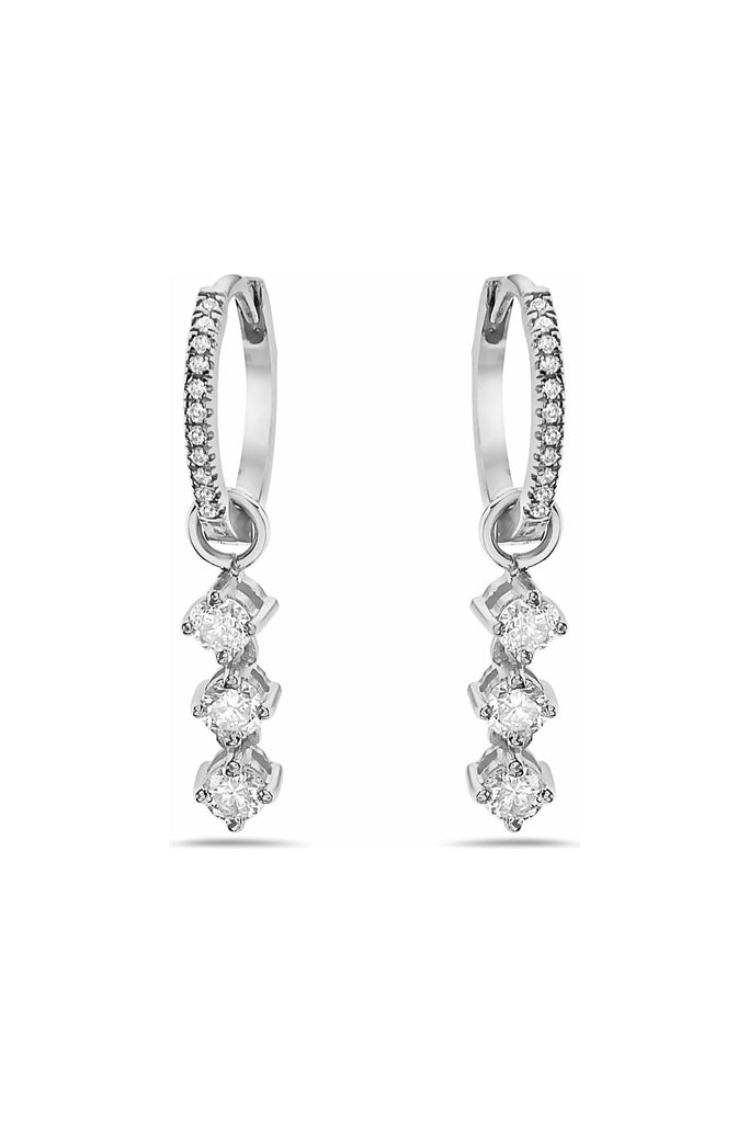 FC Creations Earrings 14K Gold Diamond Huggies with 3 Drop Diamonds | White Gold  0.60 Carats