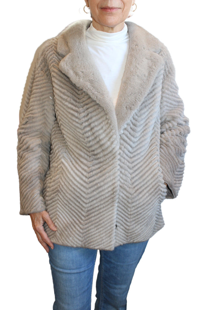 Linda Richards Chevron Mink Cashmere Notch Jacket MK-201 | Taupe