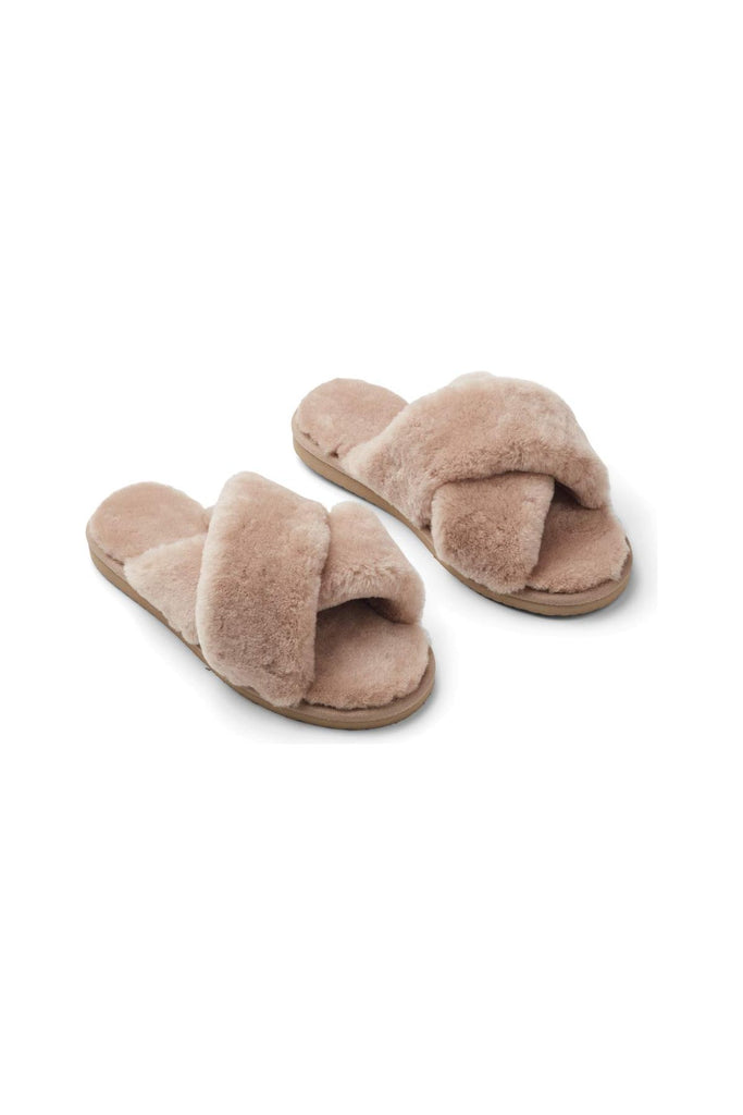 Natures Collection Criss Cross Sheepskin Slippers NCF1049 | Teddy Brown