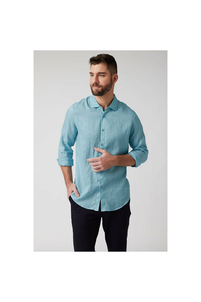 Raffi The Brayden Long Sleeve Linen Button Front Shirt QP12800 | Aqua| Pure Linen Collection