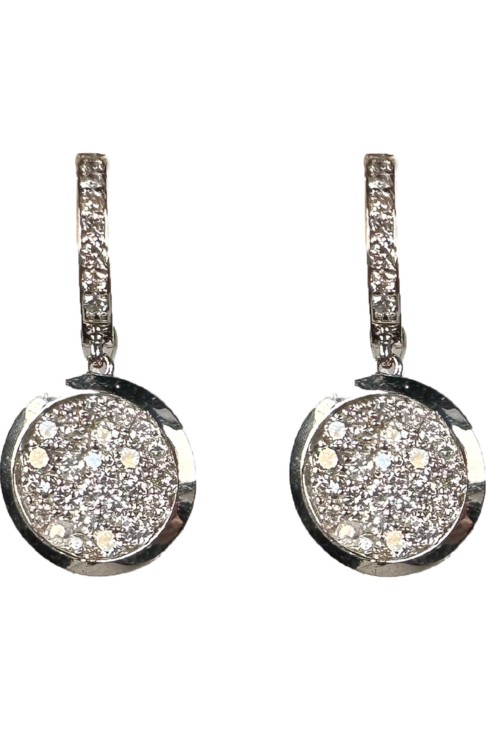 FC Creations Earrings 14K Gold Diamond Huggies with Pave Disc Dangle  1.80 Ct.  | White Gold