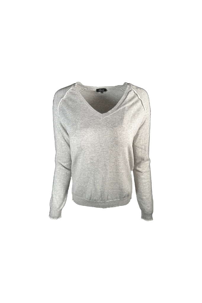 Pure Amici V Neck with White Trim Knit Top CT376 | Lt. Grey