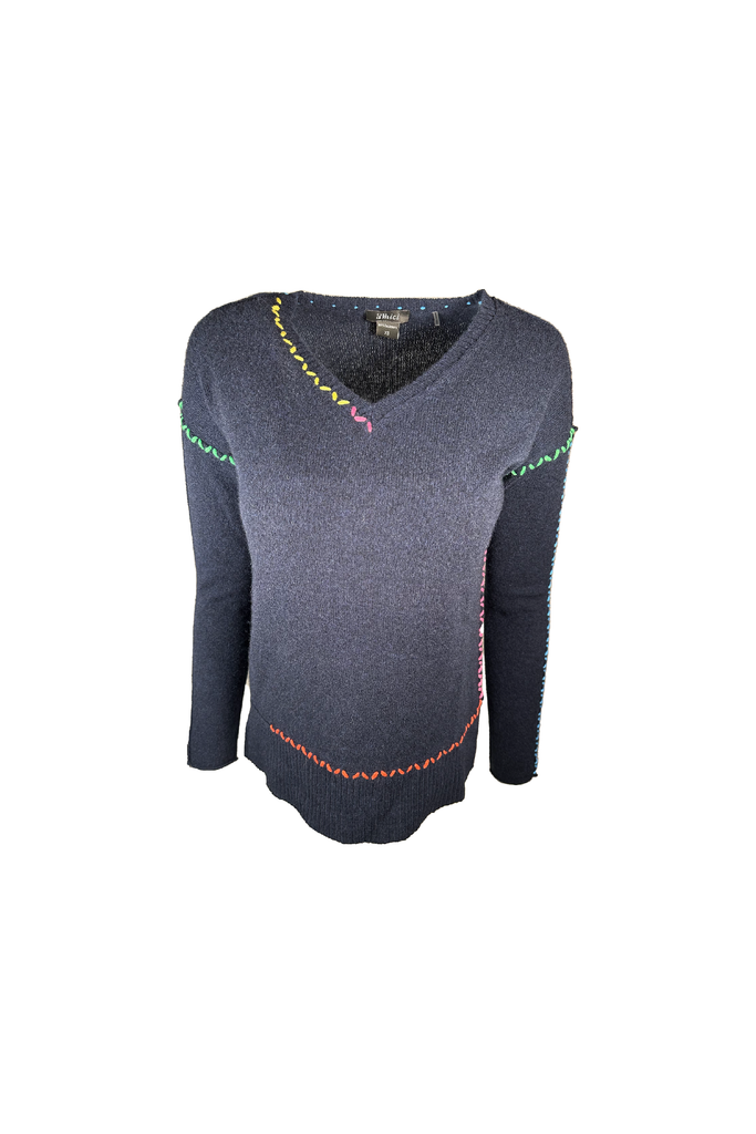 Pure Amici Cashmere Multi Colored Whip Stitch V-neck Pullover C186T | Navy Clearance Final Sale
