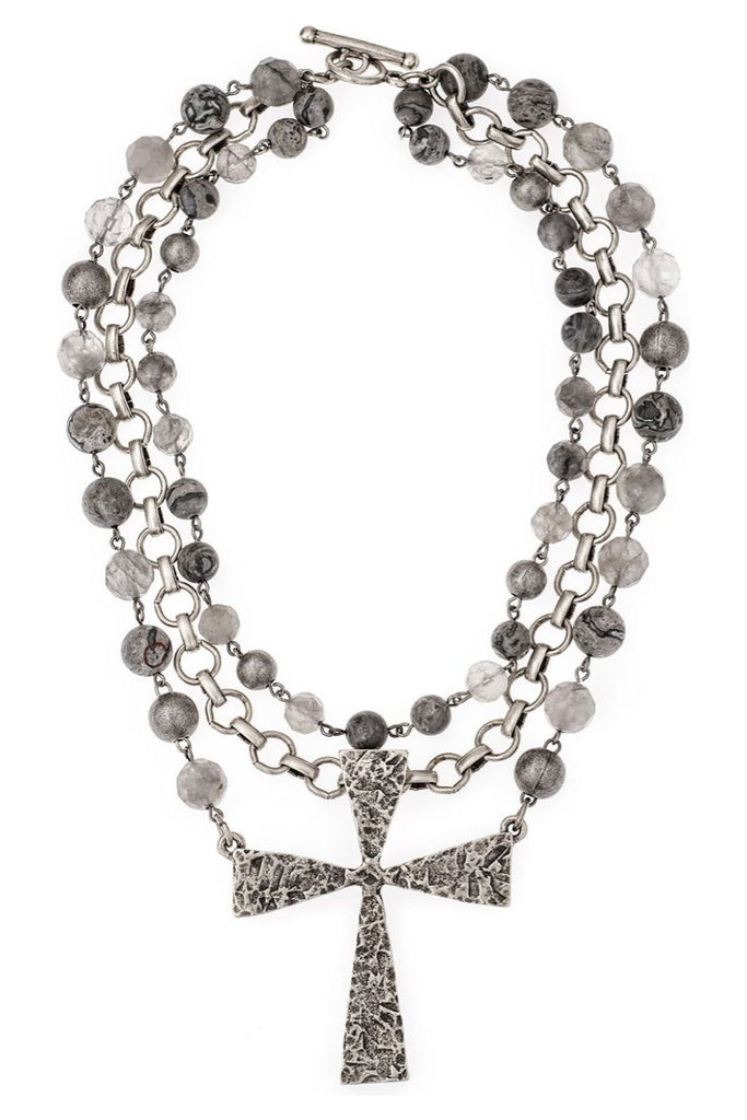 French Kande Necklace | Triple Strand Matisse Mix With Bubble Chain And French Cross CT2037-Z