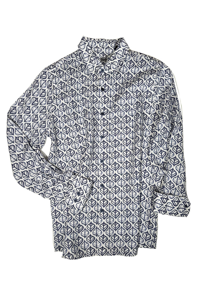 Raffi Long Sleeve  Printed Leaf Linen Button Front Shirt QP12840| Midnight